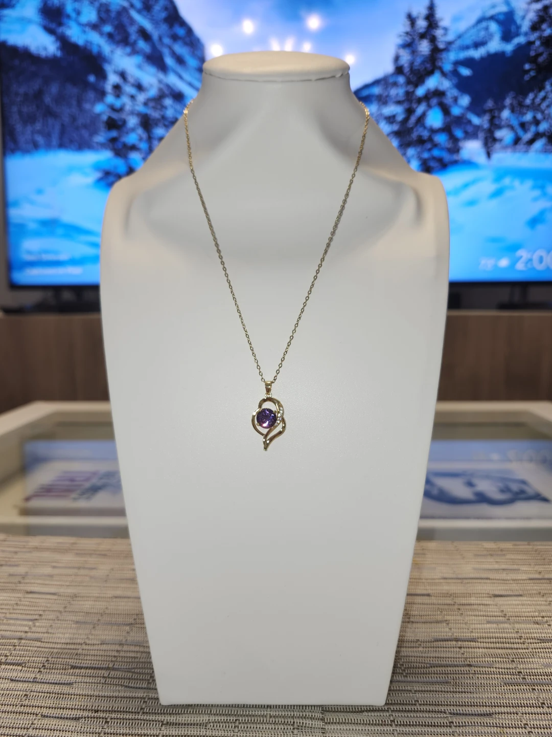 Gold-Tone Heart Pendant Necklace with Purple Stone - photo 2