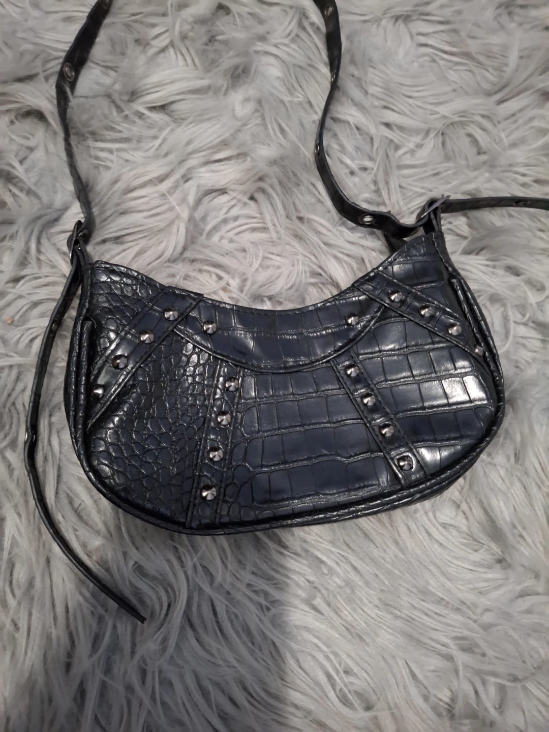 Black Croc-Embossed Studded Shoulder Bag - photo 2