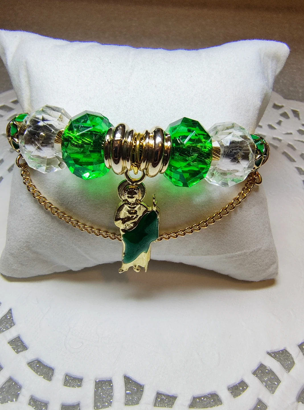 Gold plated 14k Religious Saint Charm Bracelet with Green Beads - photo 3