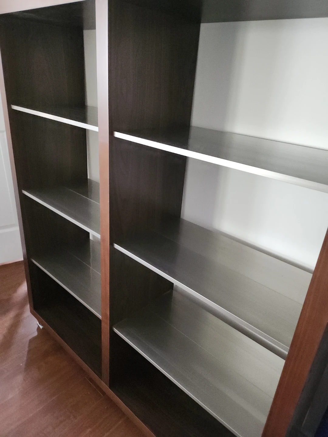 Modern Dark Wood 2-Column Bookcase/Display Shelf with wheels - photo 4