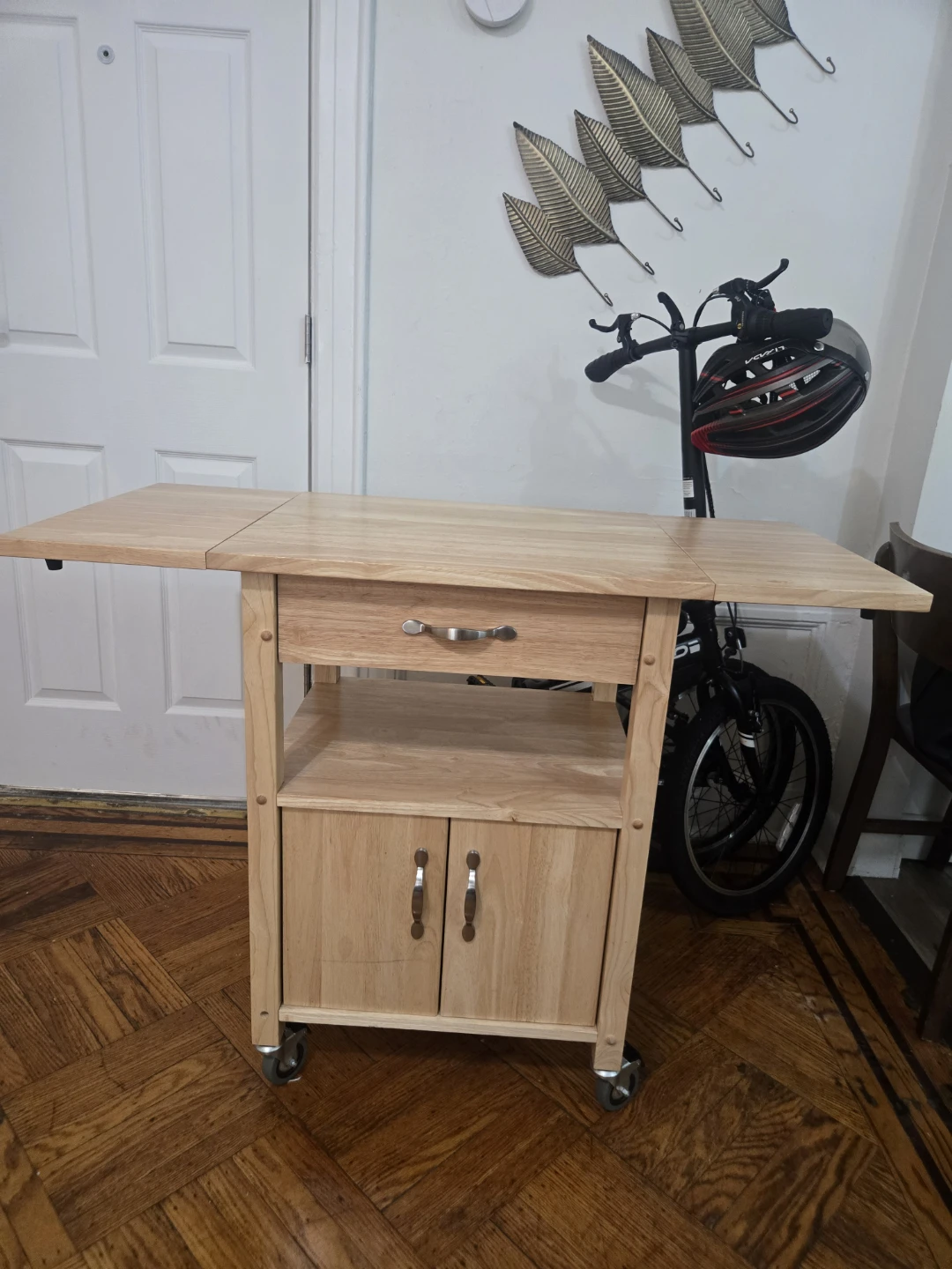 Natural Wood Kitchen Island Cart with Drop Leaves