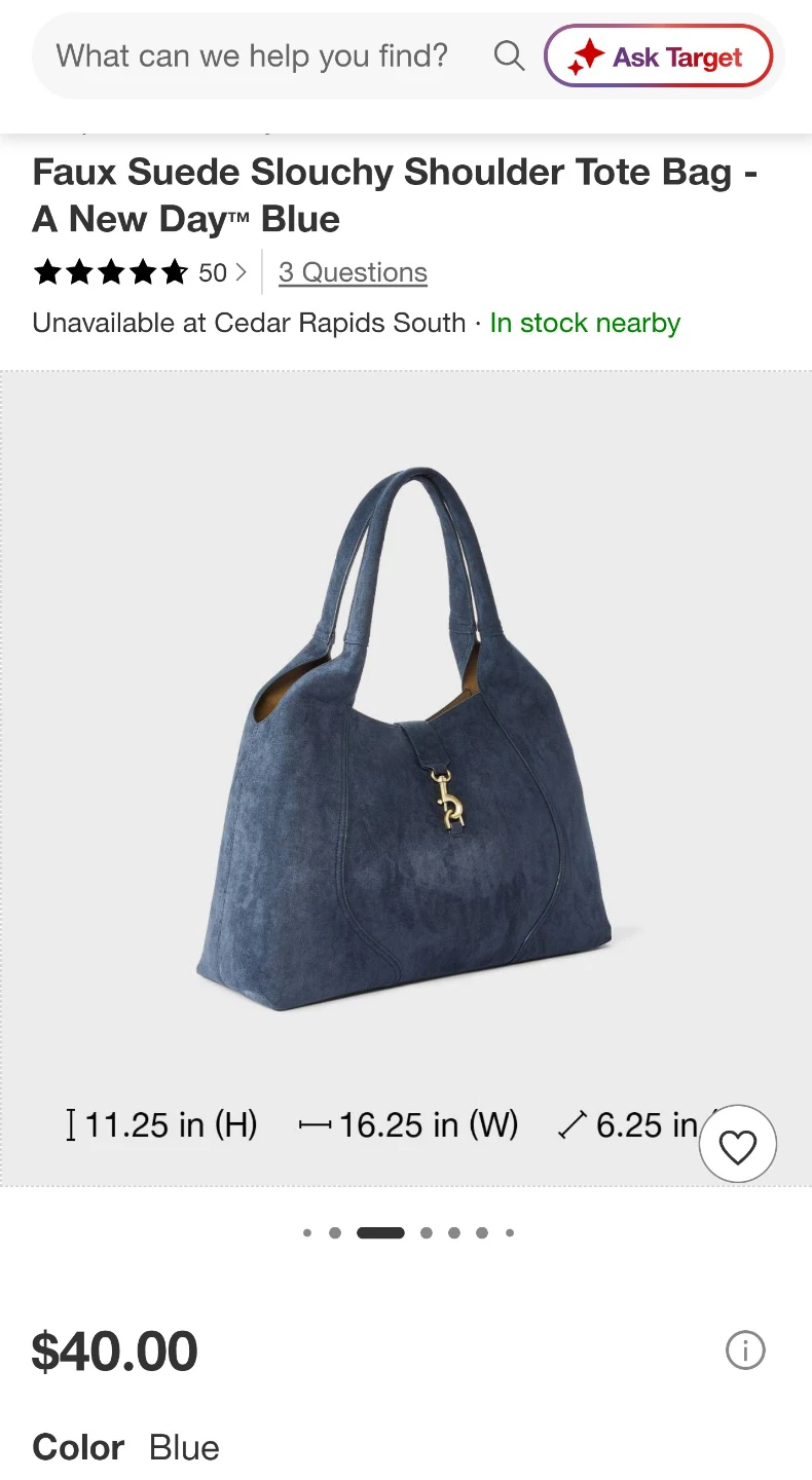 Faux Suede Slouchy Shoulder Tote Bag - Blue - photo 2