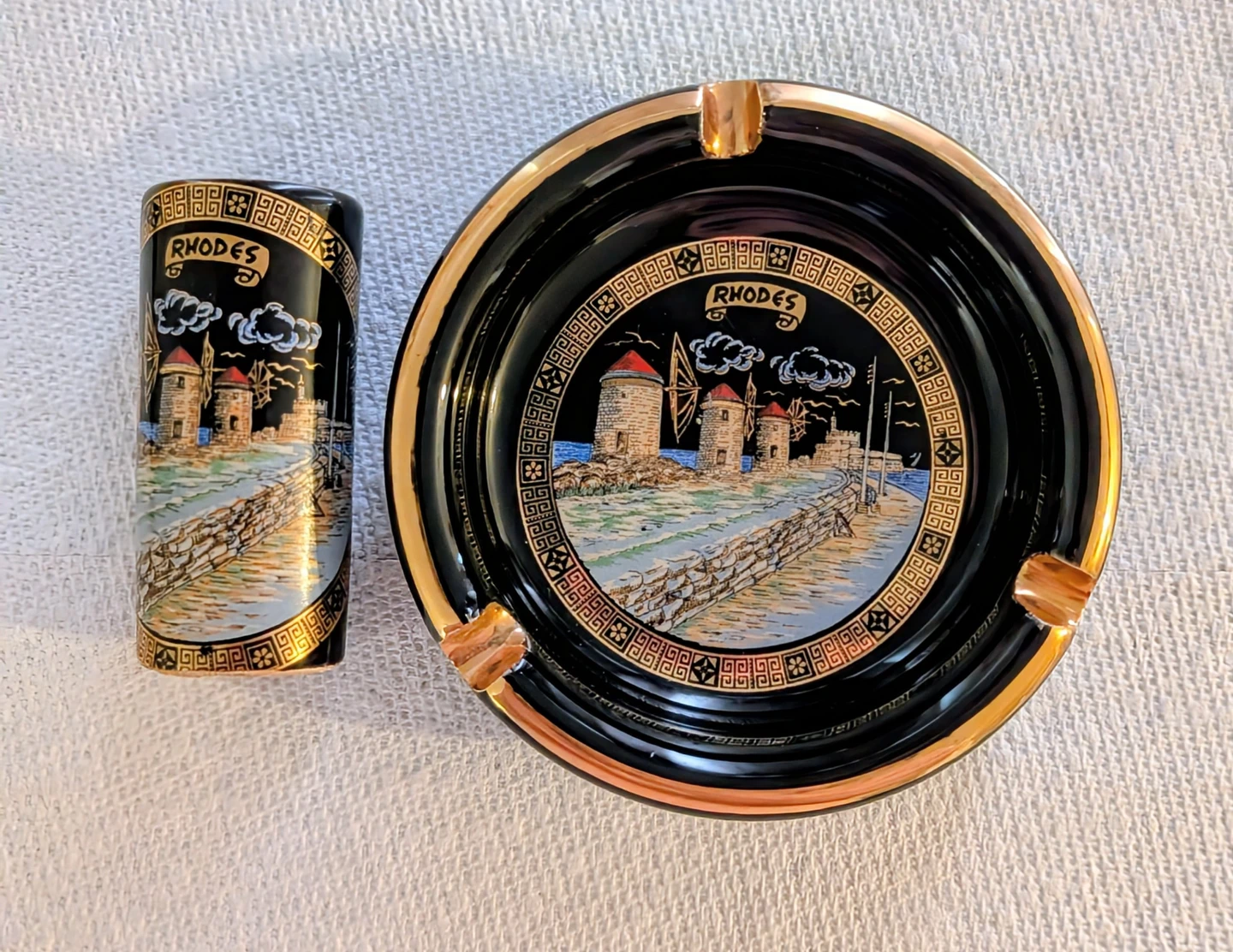 Vintage Rhodes Greece 24K Gold Ceramic Ashtray Set - photo 2