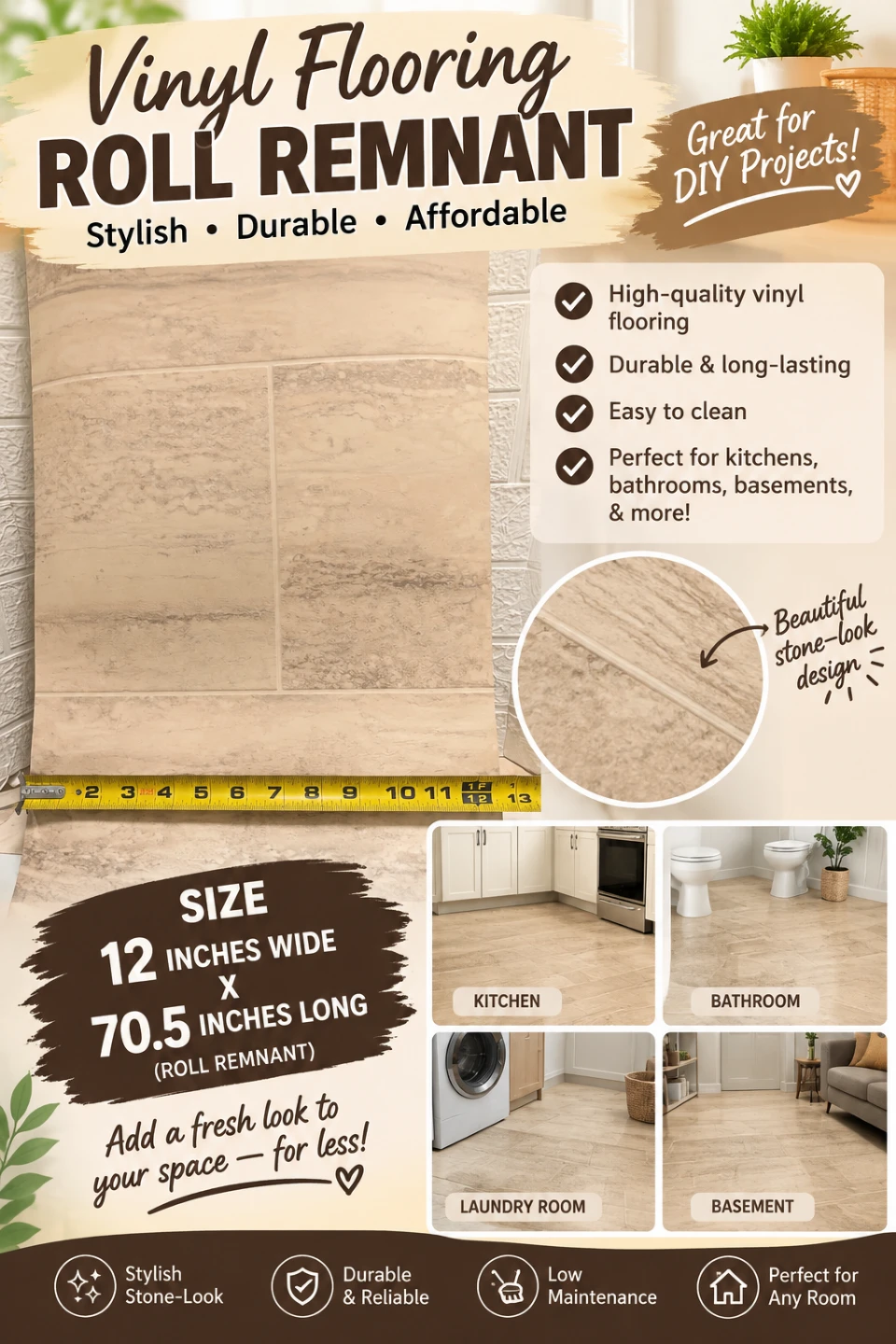 🛠Vinyl Flooring Roll Remnant 12" x 70.5"🛠