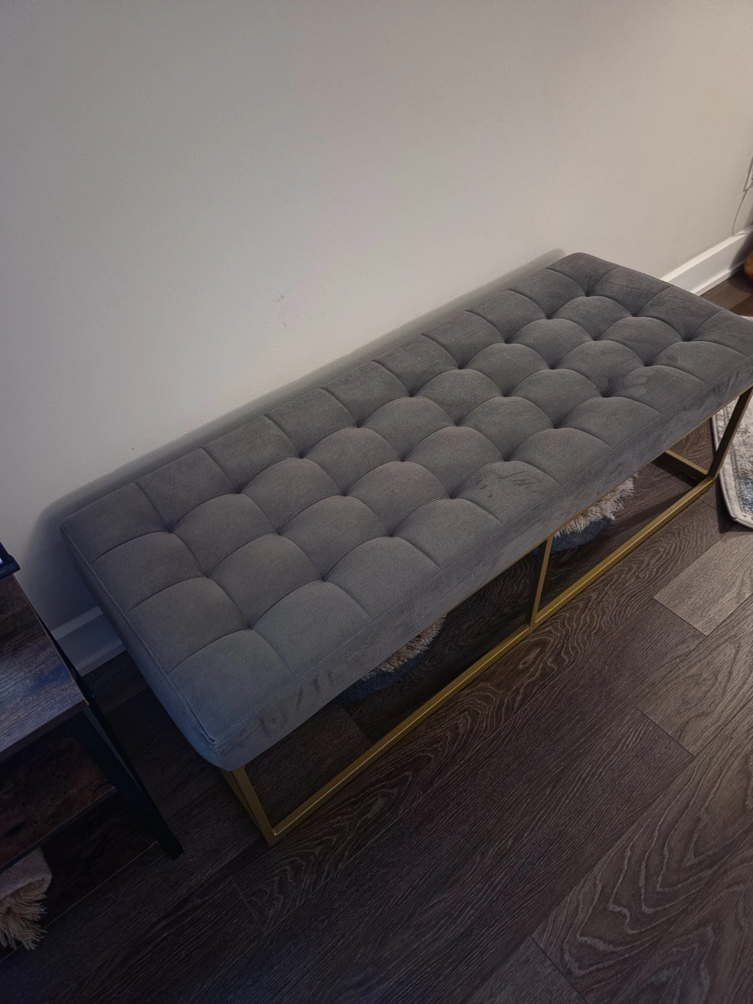 Grey Velvet Upholstered Bench with Gold Metal Base - photo 2