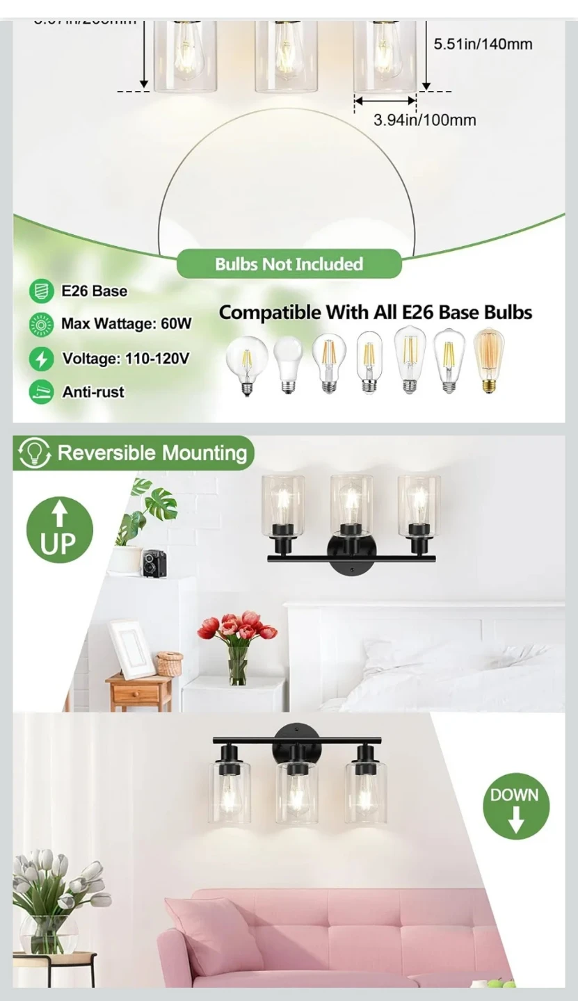 3-Light Matte Black Bathroom Vanity Wall Light - photo 5