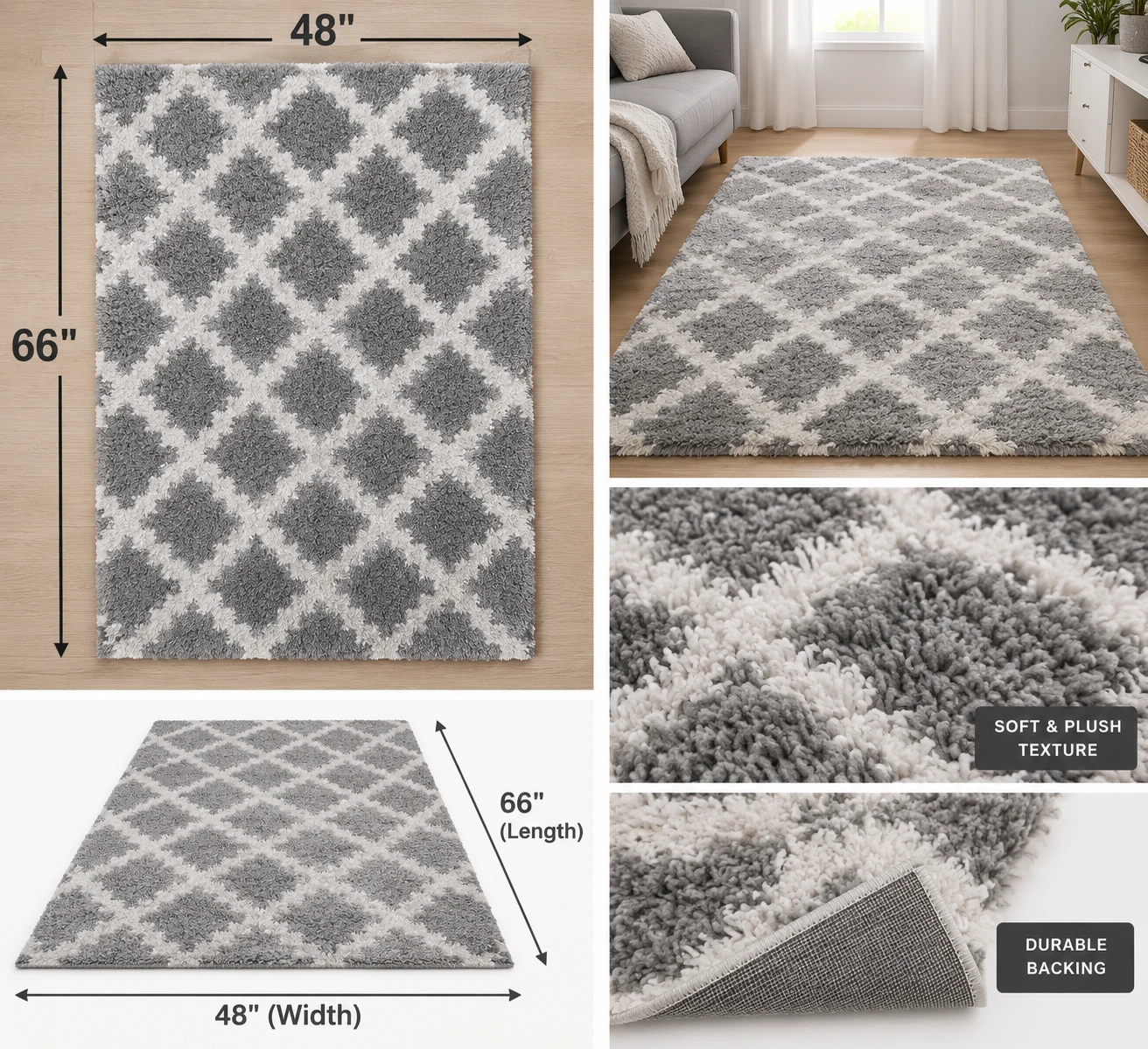Grey and White Diamond Pattern Area Rug