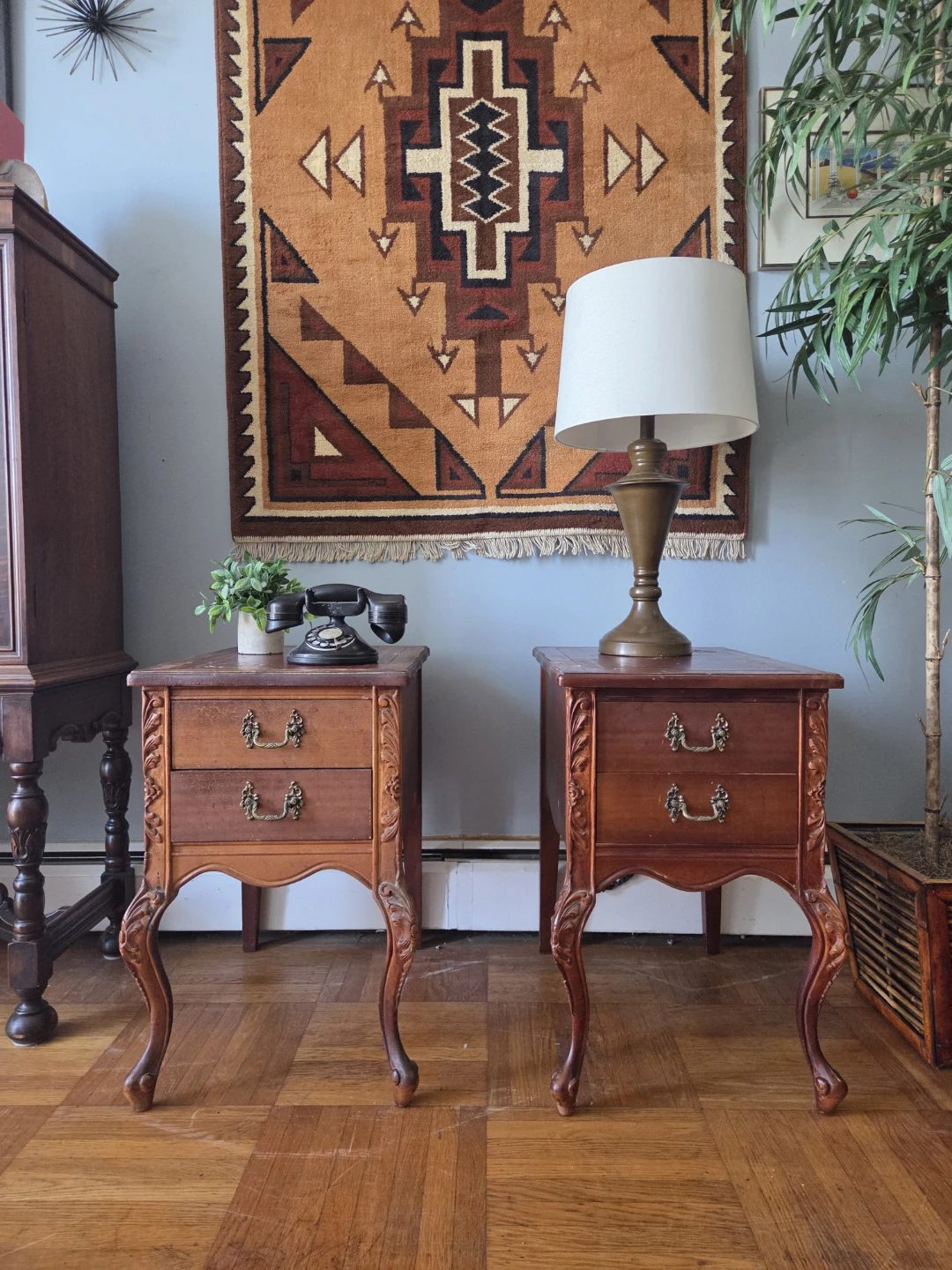 Pair of Vintage Two-Drawer Leather Bound Top Nightstands