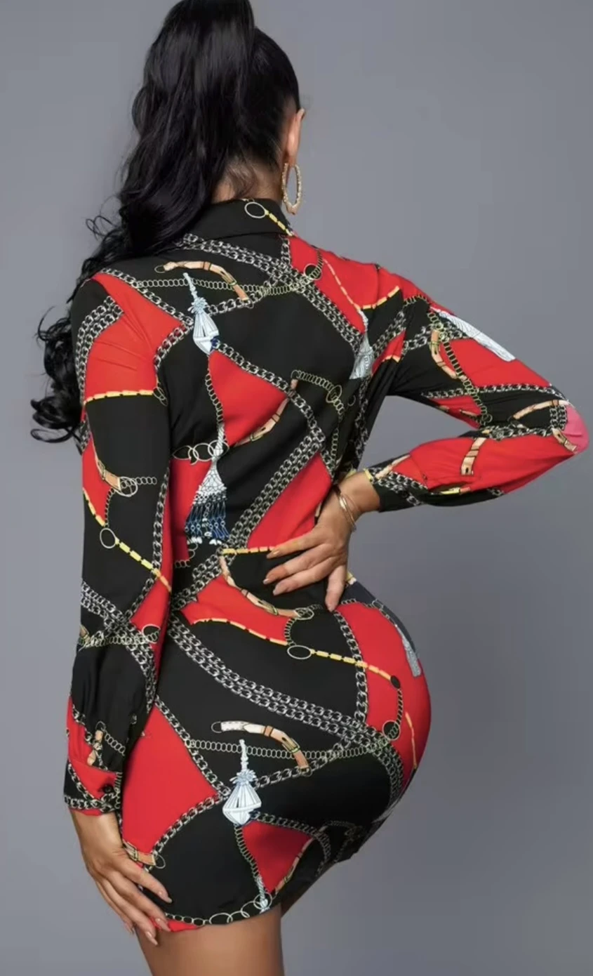 Red and black chain print shirt dress - photo 2