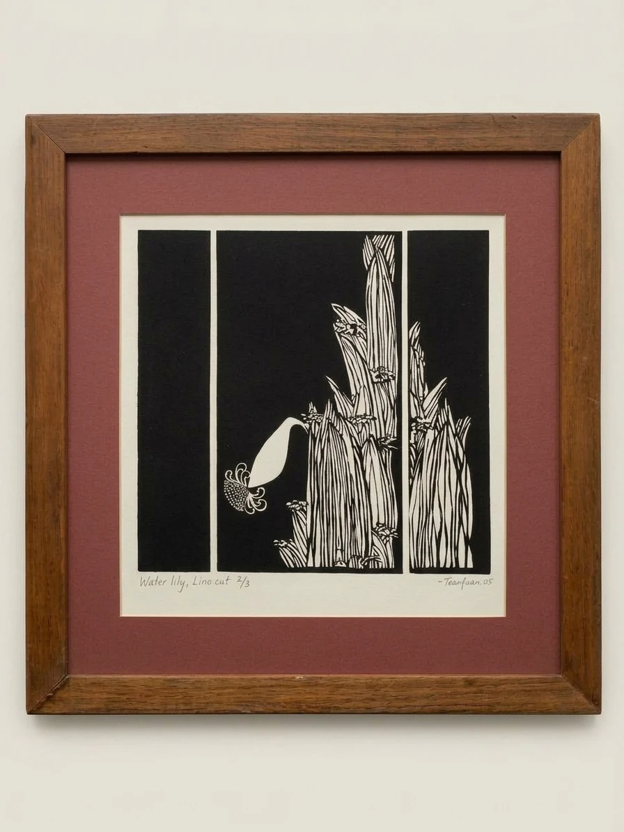 RARE Original 1989 Linocut Relief Print "Water Lily"