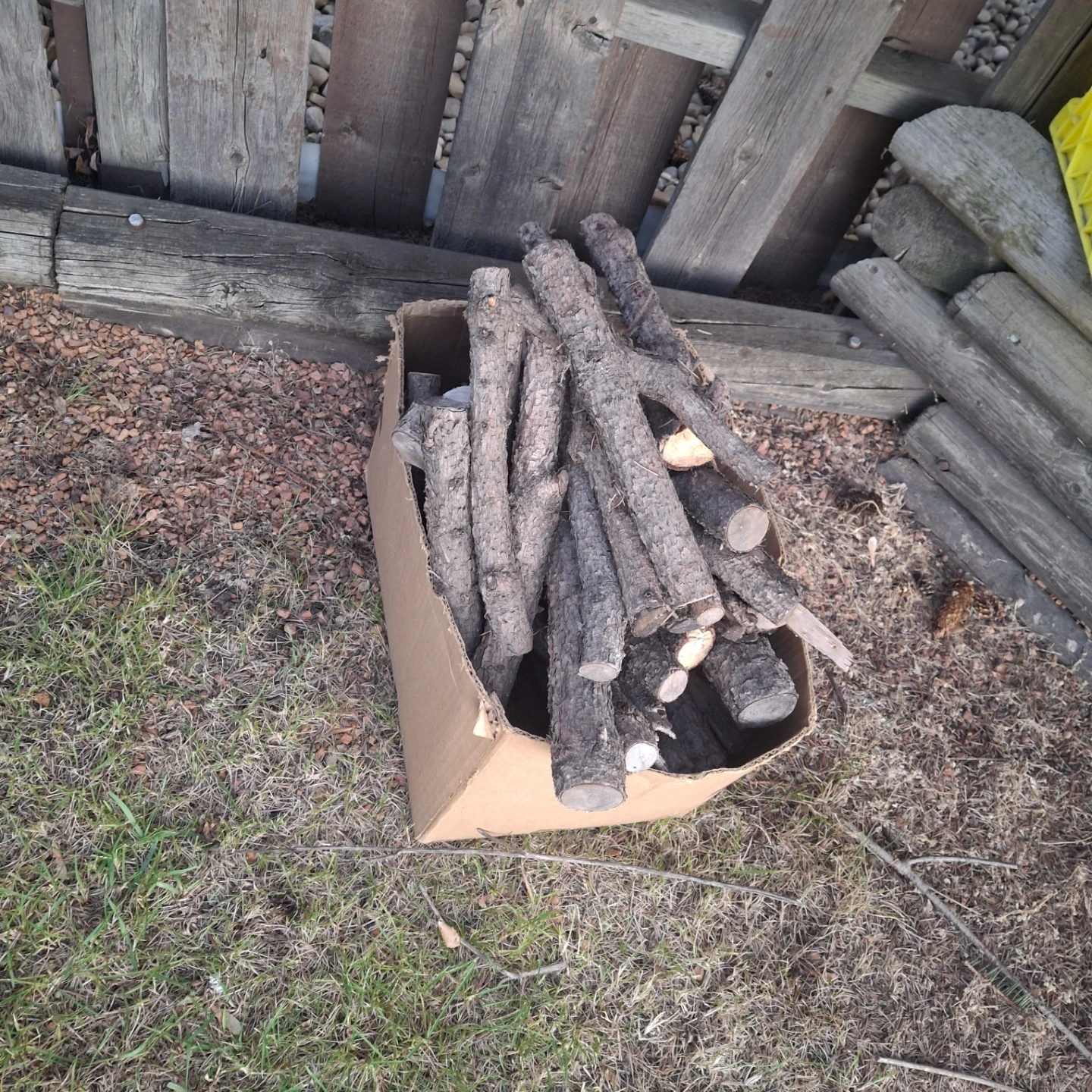 Box of assorted wood logs