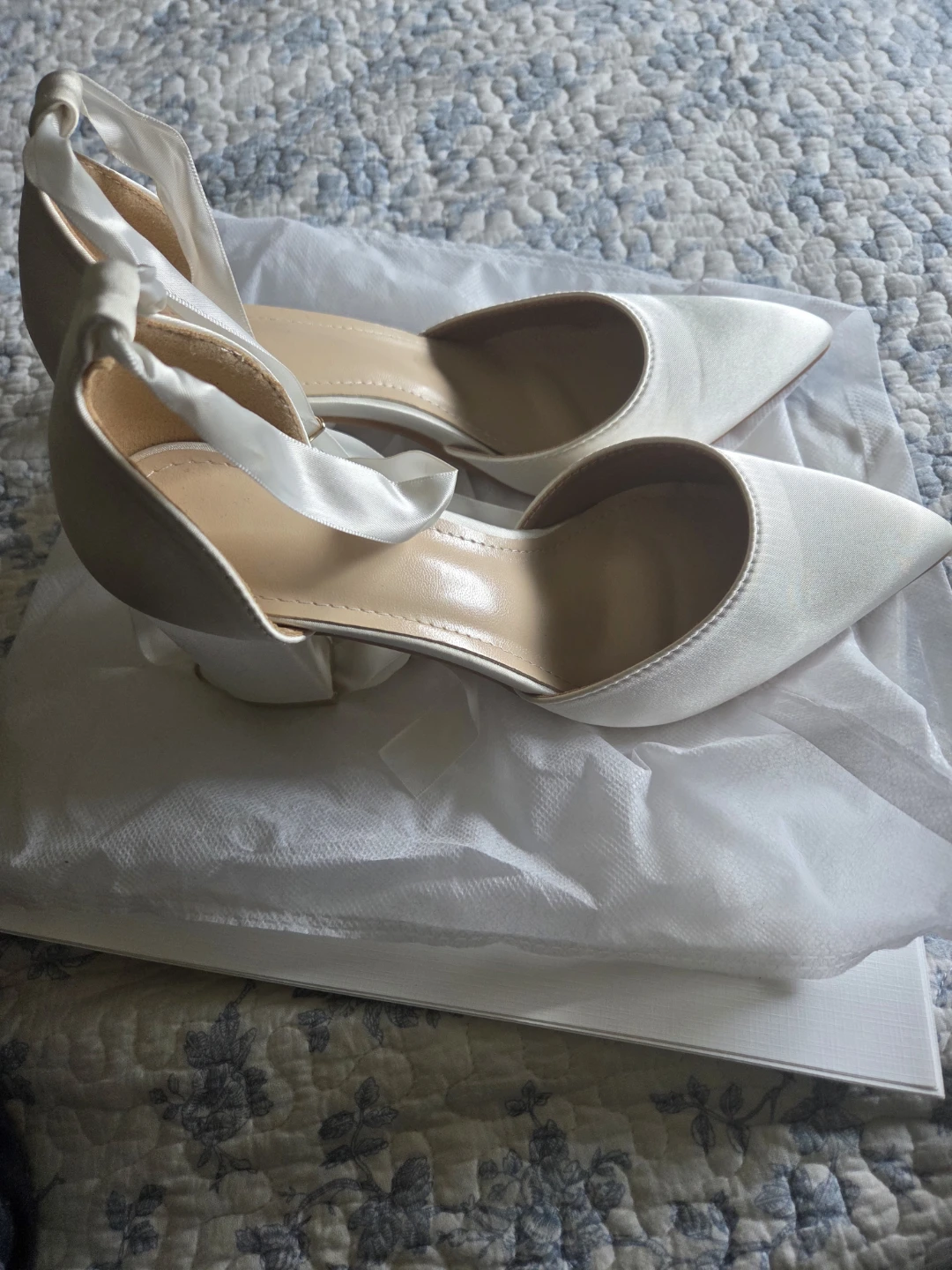 White Satin Block Heel Shoes with Pearl Accents - photo 2