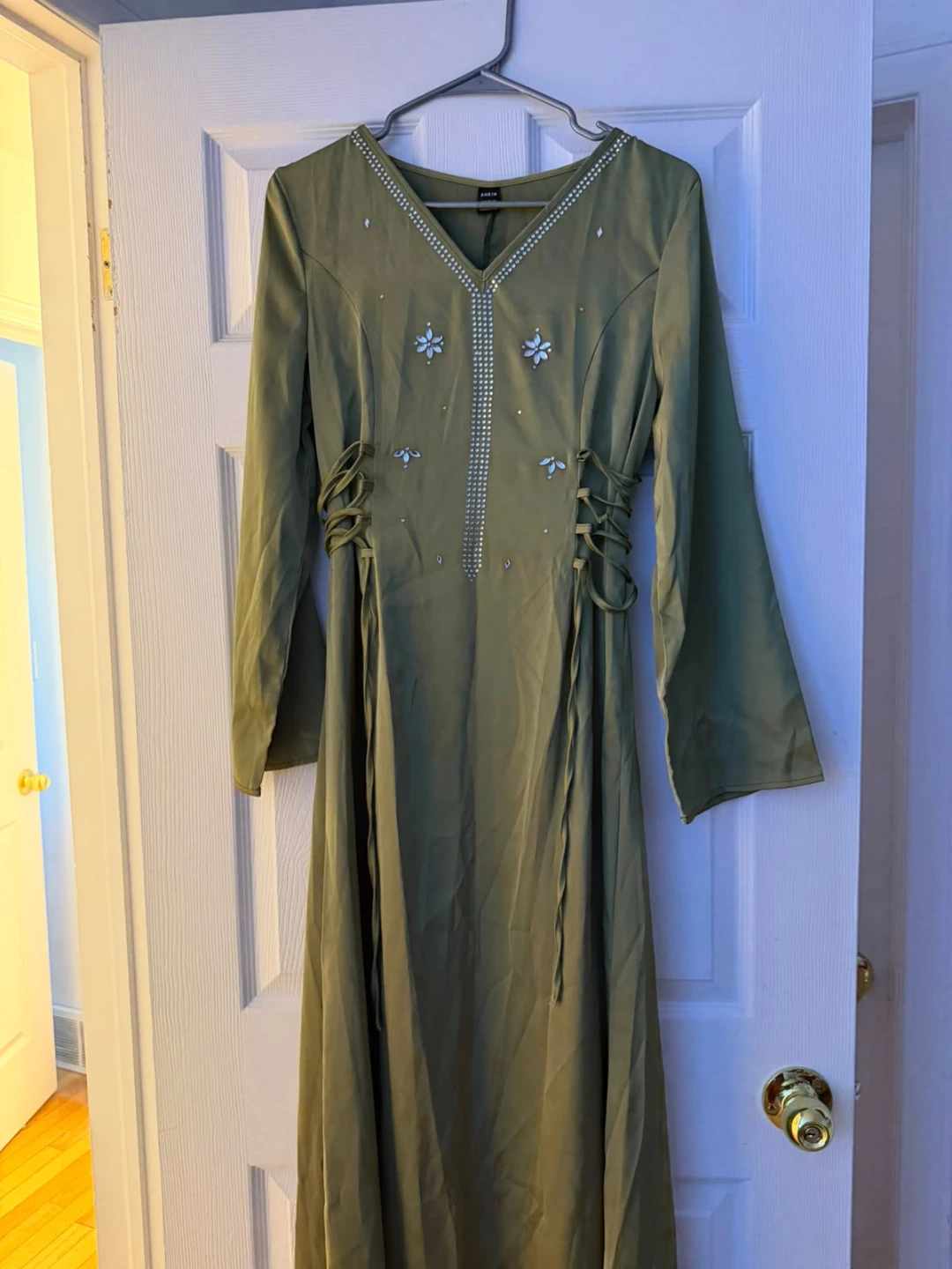 Sage Green Satin Maxi Dress with Rhinestone Detail - photo 2
