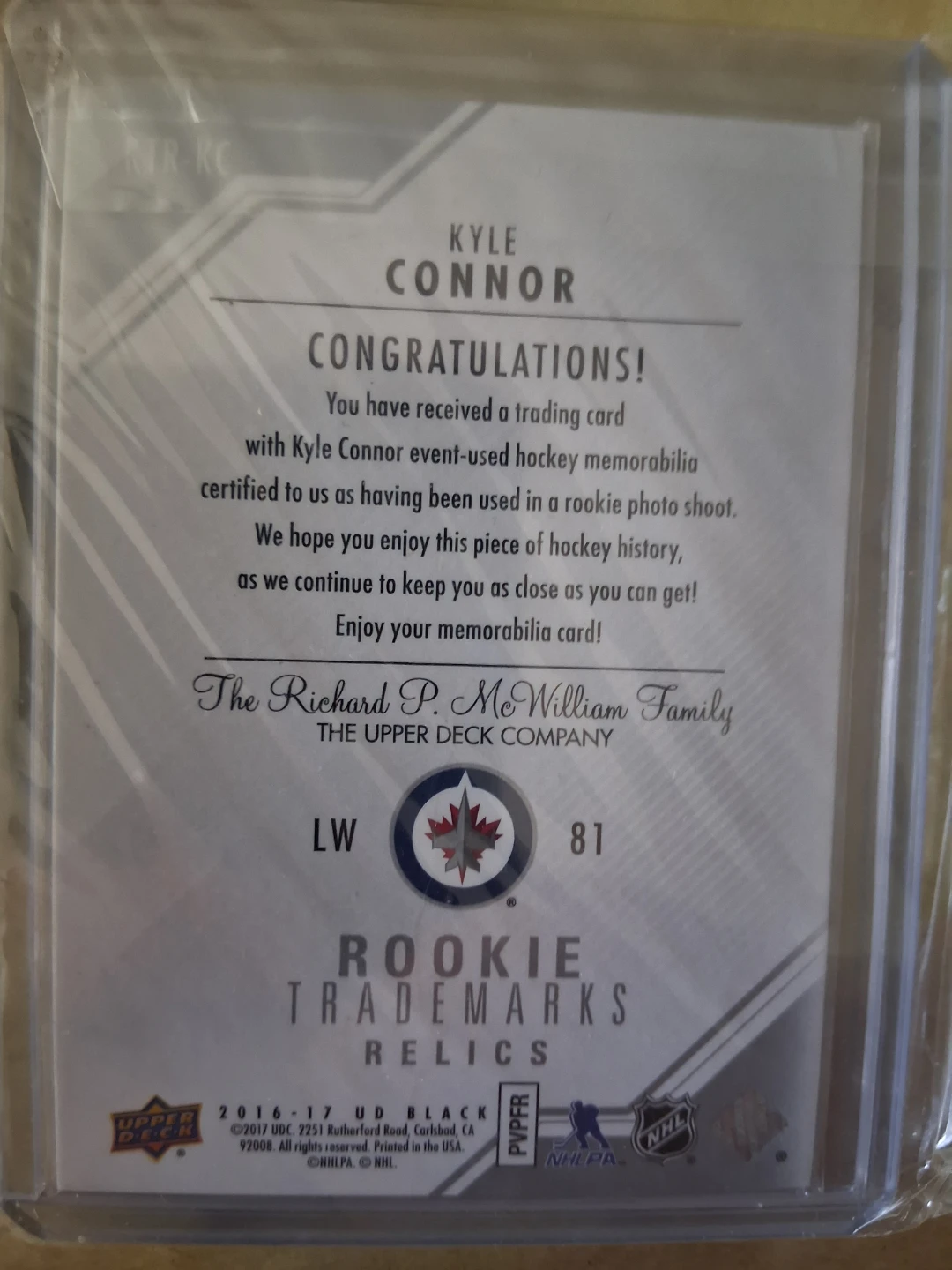 2016-17 Upper Deck Black Kyle Connor Rookie Trademarks Relic - photo 2
