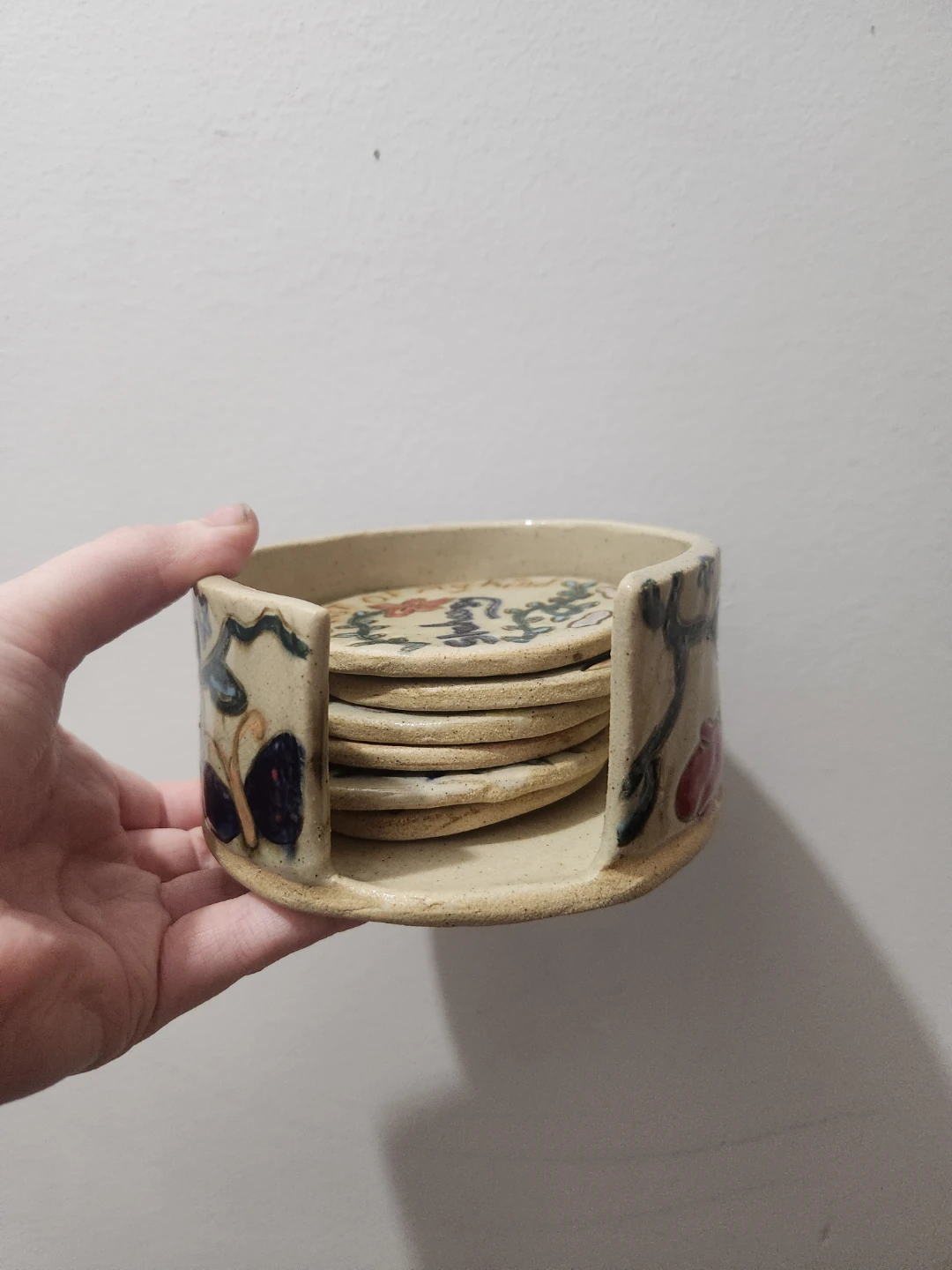 Handcrafted Ceramic Coaster Holder with Floral Design