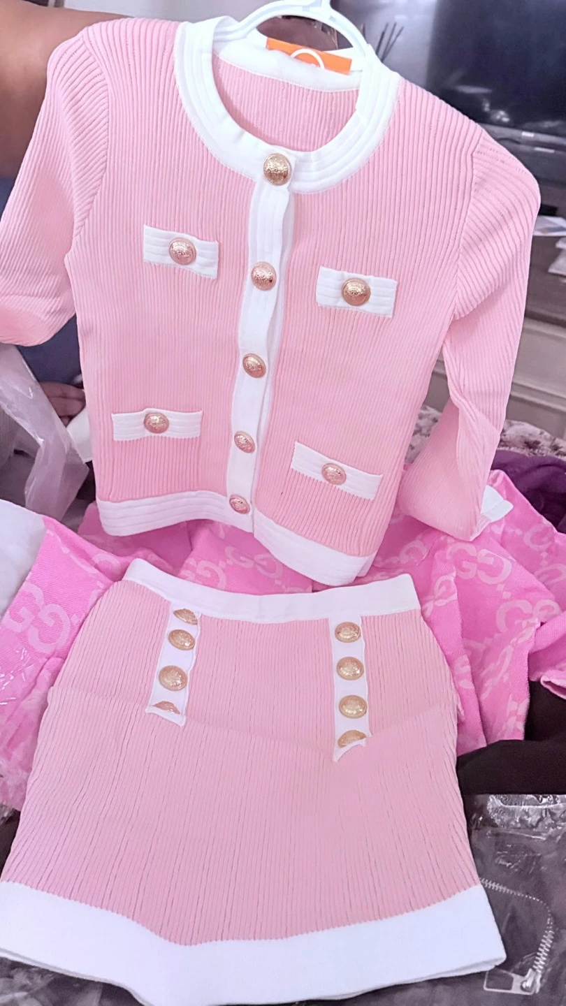 Pink and white knit button-up skirt set
