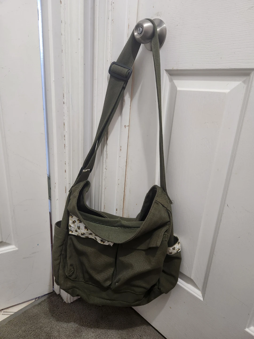 Olive Green Canvas Messenger Bag with Bee Pattern