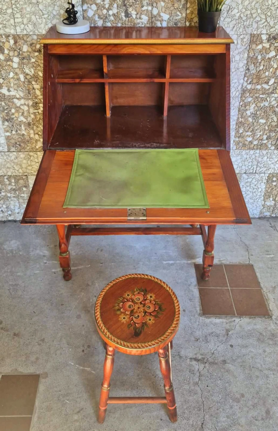 Hand Painted Floral Them Drop Down Walnut Secretary Desk - photo 2