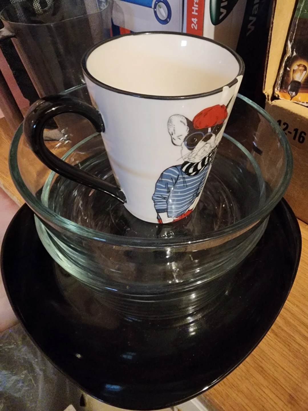 Graphic Mug with Glass and Black Bowls