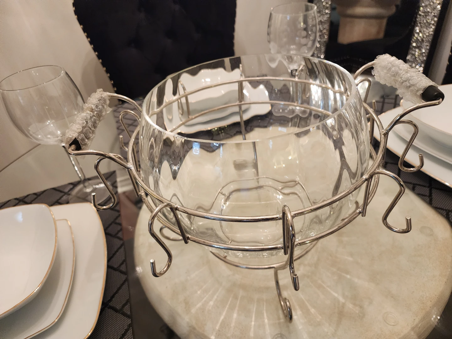 Brand New Glass Punch Bowl Set with Stand and Glasses