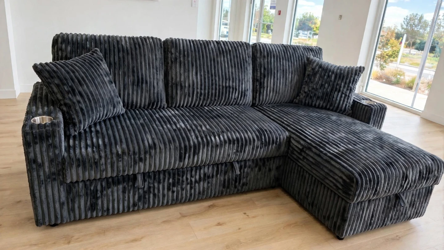 Brand new Dark Grey Corduroy Sectional Sofa Bed with Cup Holders - photo 5
