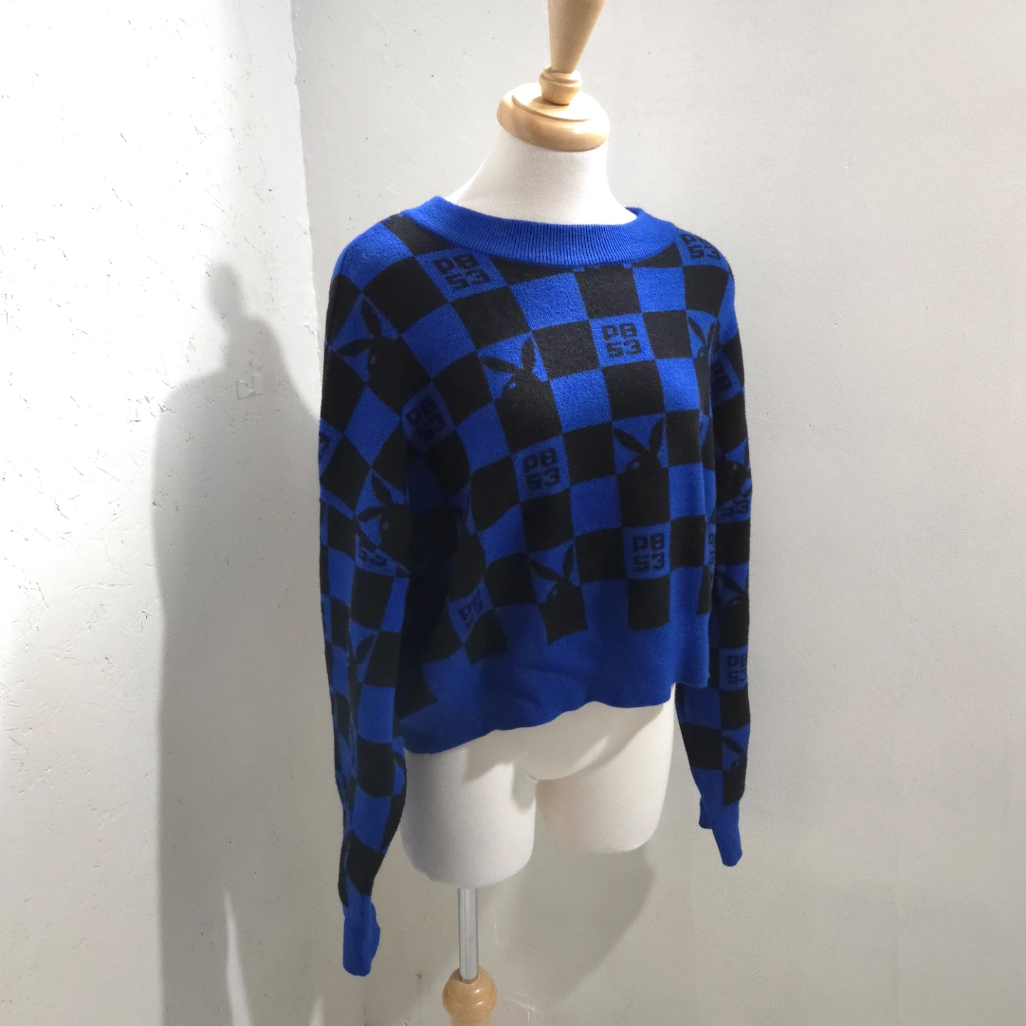 Playboy blue Checkered Knit cropped Sweater