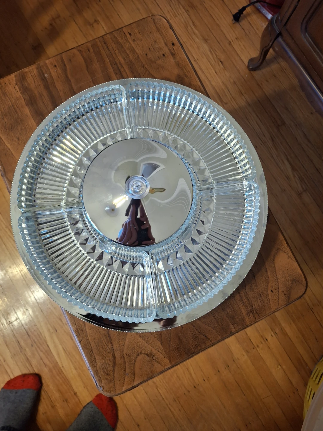 Vintage Chrome and Glass Lazy Susan Serving Tray