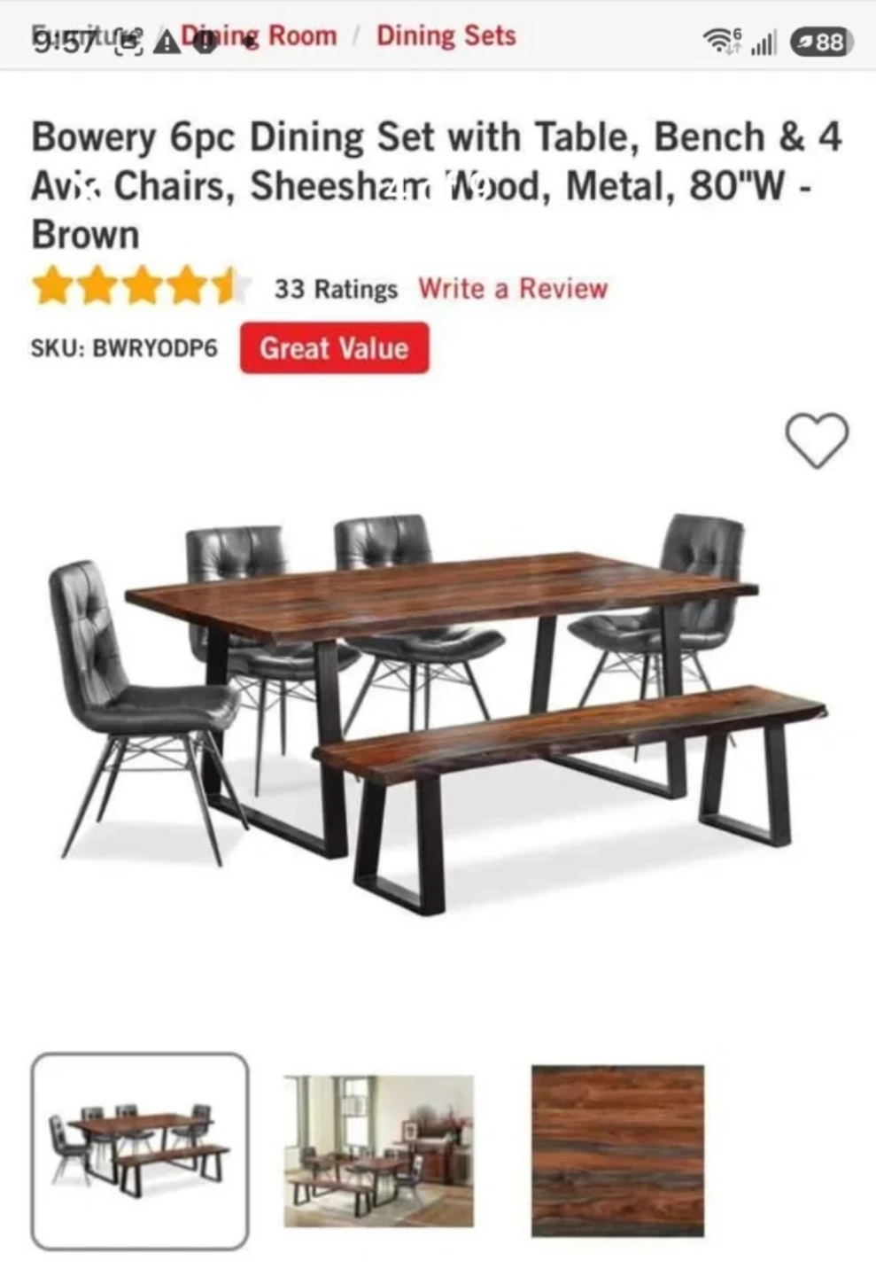 Bowery 6pc Dining Set - Sheesham Wood and Metal - photo 3