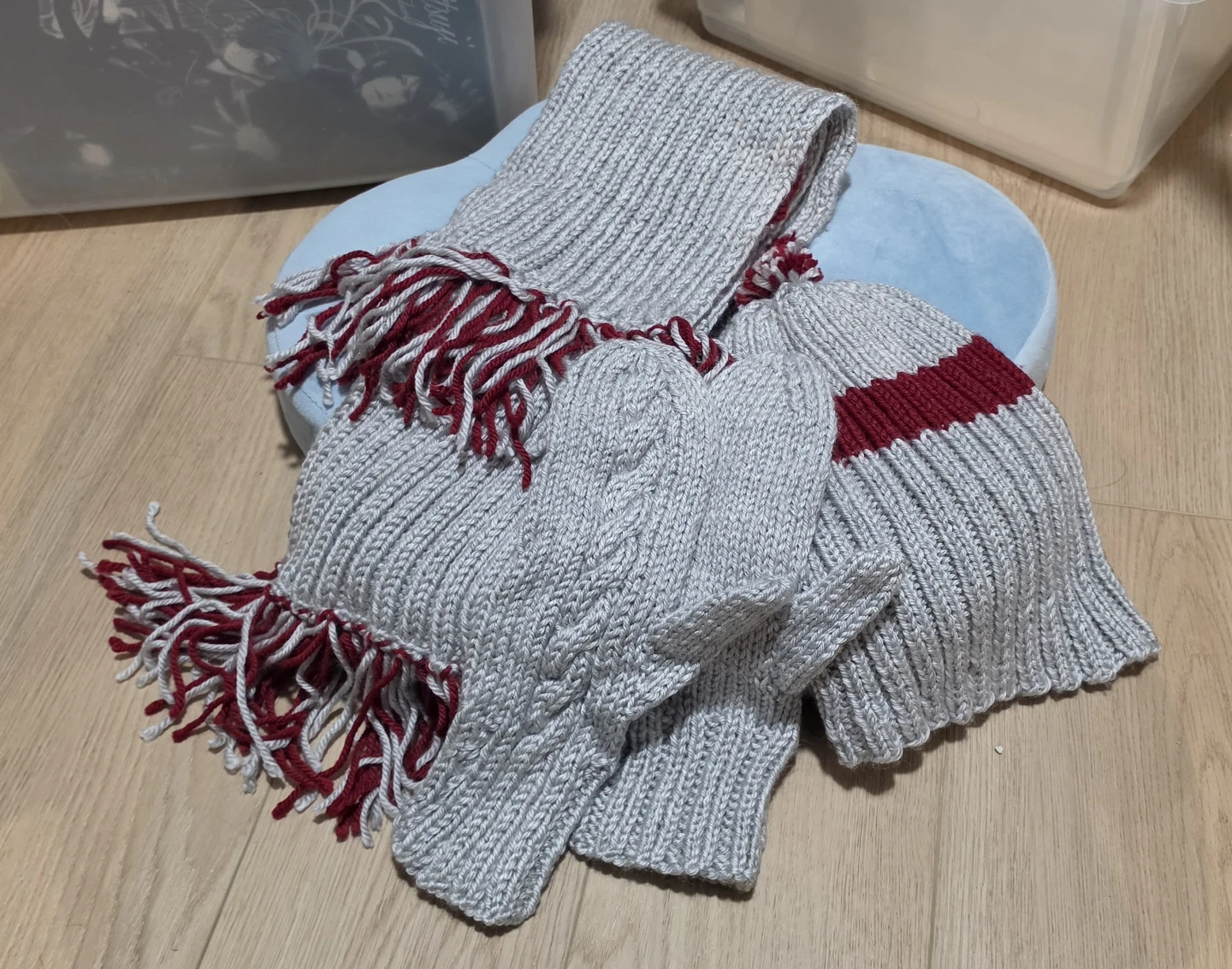 Handmade Knitted Scarf, Hat, and Mittens Set