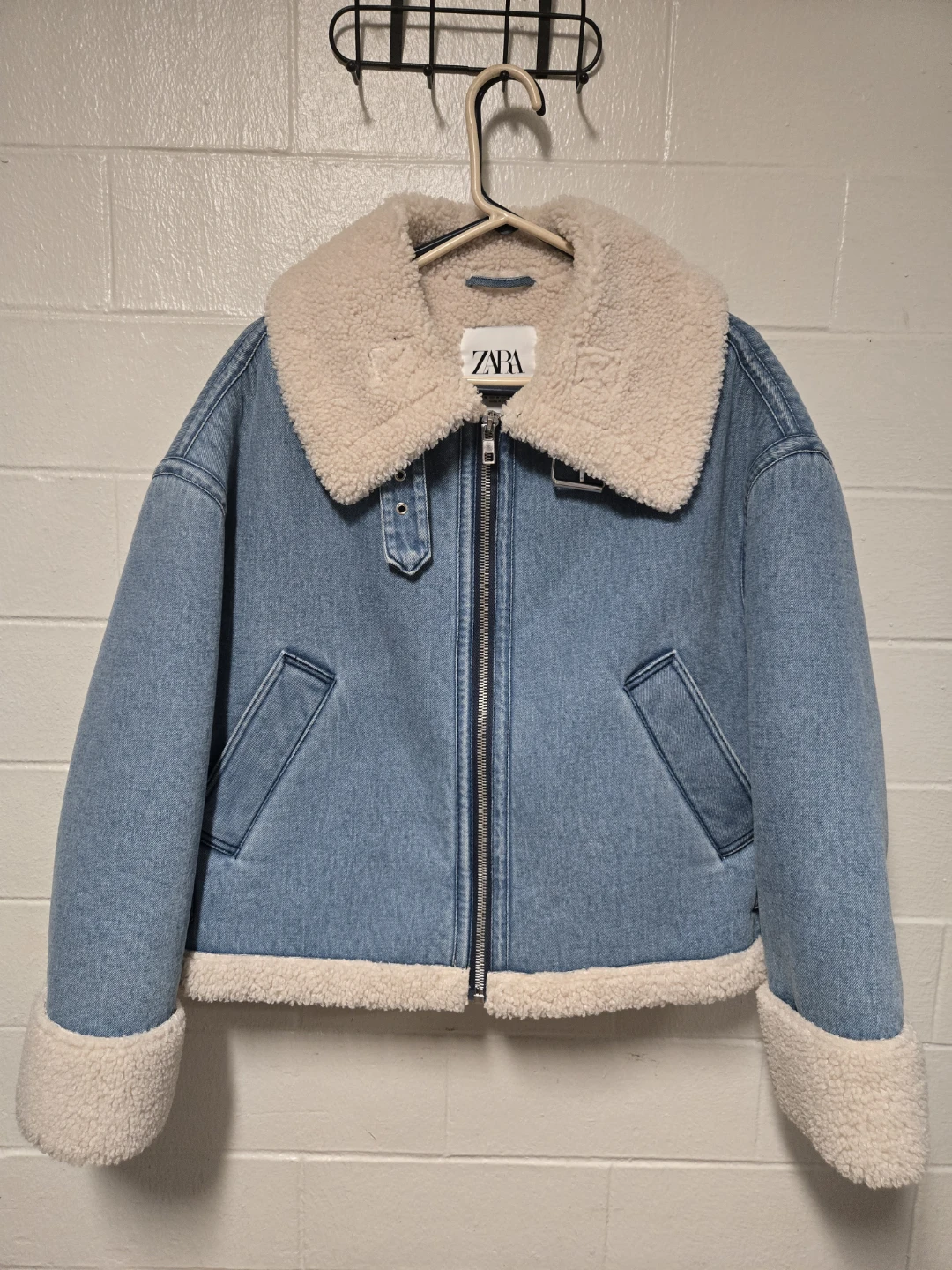 Zara Denim Faux Shearling Aviator Sherpa Biker Jacket Medium