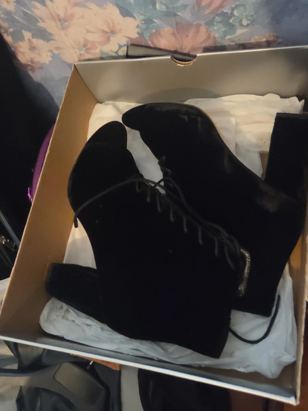 Black Velvet Lace-Up Block Heel Ankle Boots