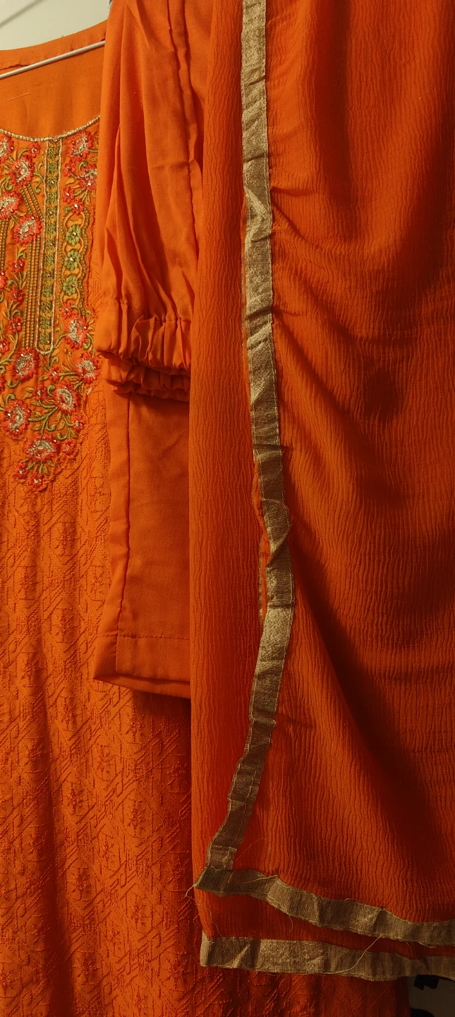 Orange Embroidered kurta with ankle pants and dupatta