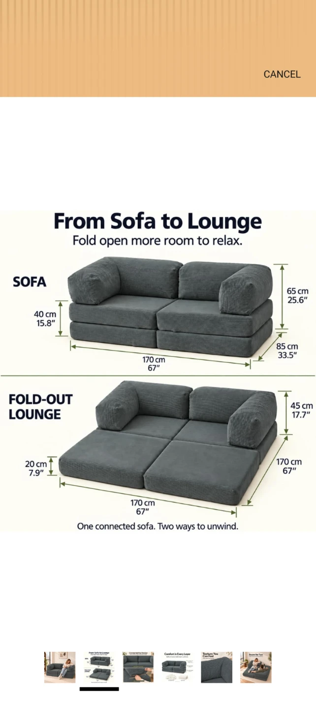 Folding Floor Sofa, 2-Seater Boneless Couch - photo 3