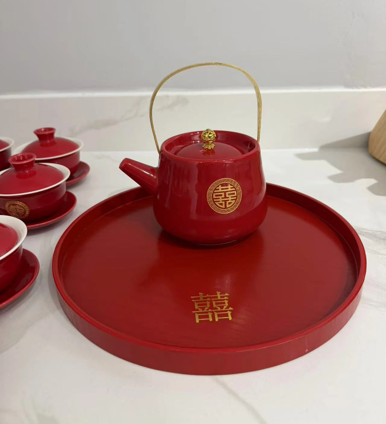 Traditional Chinese Wedding Red Ceramic Tea Set - photo 4