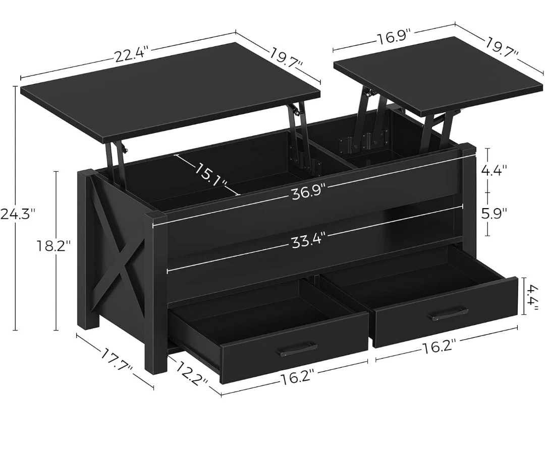 Black Lift-Top Coffee Table with Storage - photo 3