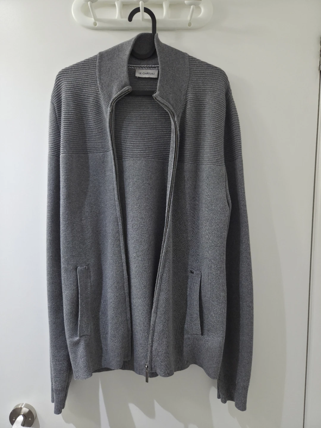 Le Chateau Grey Full-Zip Knit Cardigan (Size S)