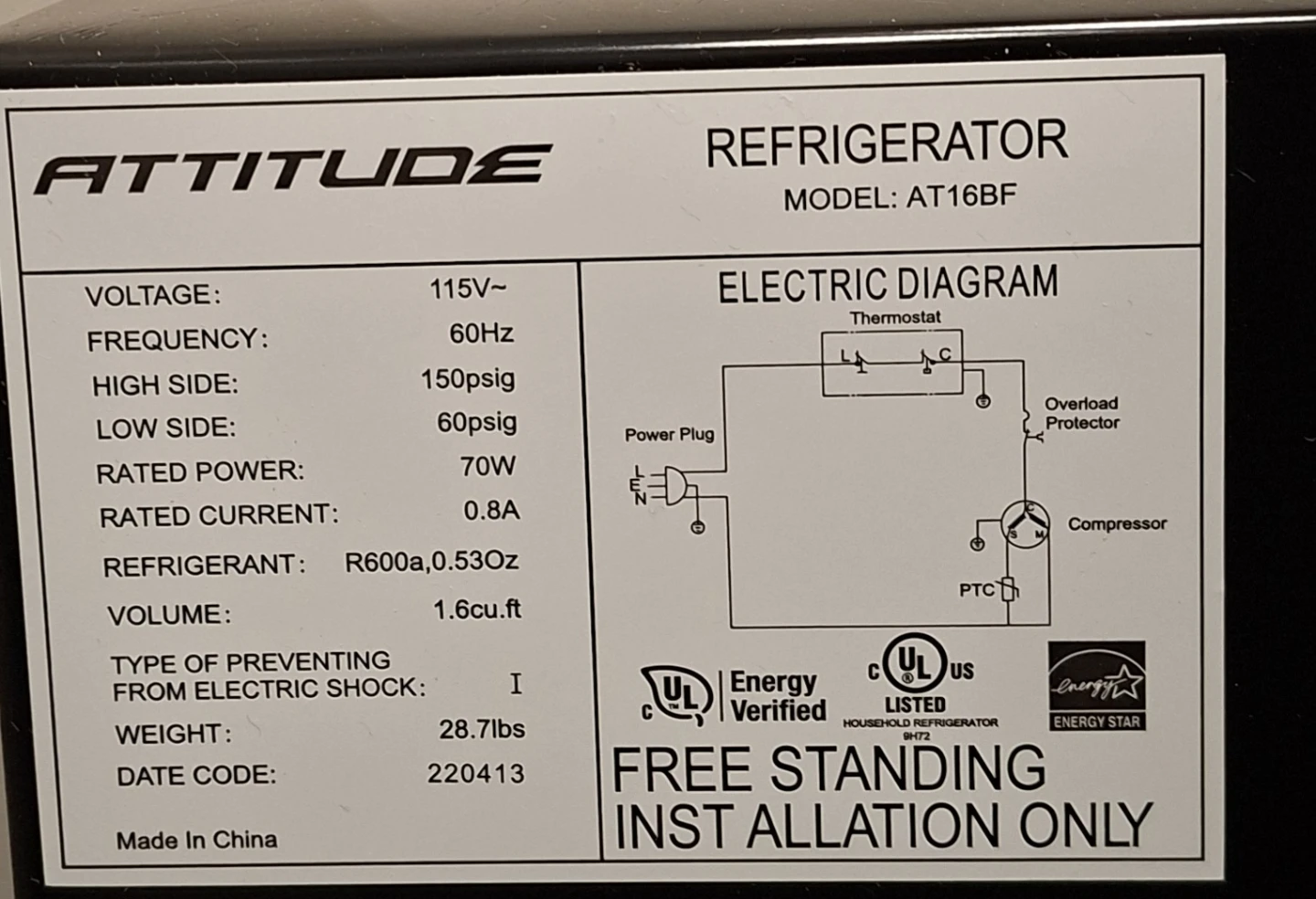 Attitude AT16BF 1.6 cu. ft. Compact Refrigerator