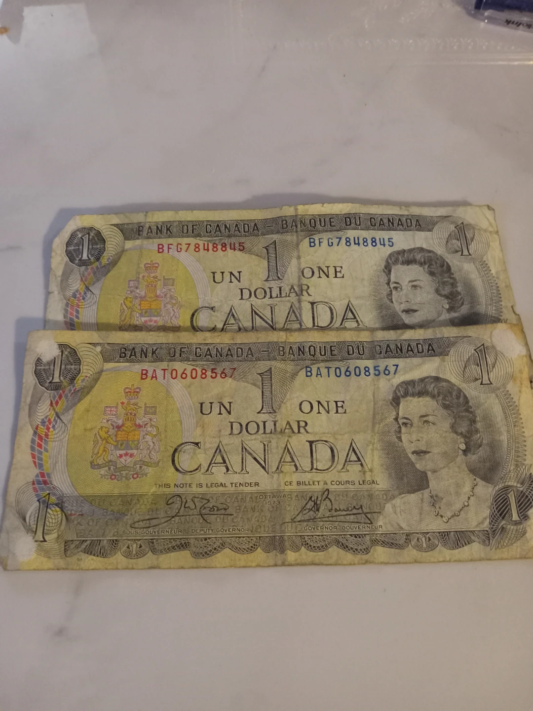 Two Vintage 1973 Canadian One Dollar Bills