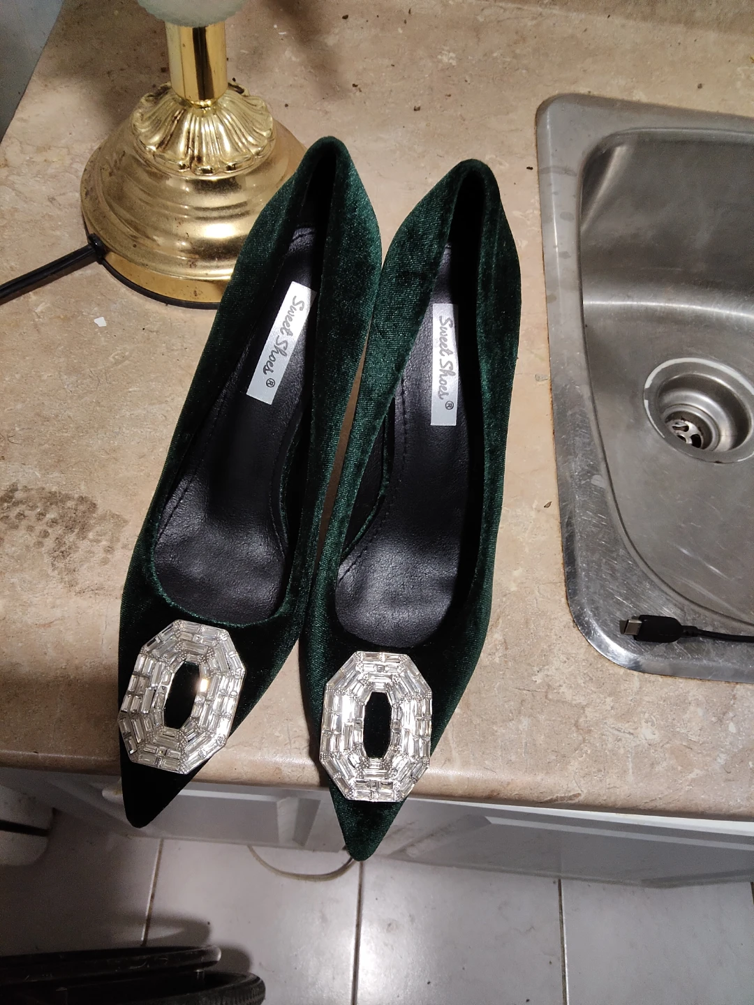 Sweet Shoes Green Velvet Heels with Crystal Buckle - photo 4