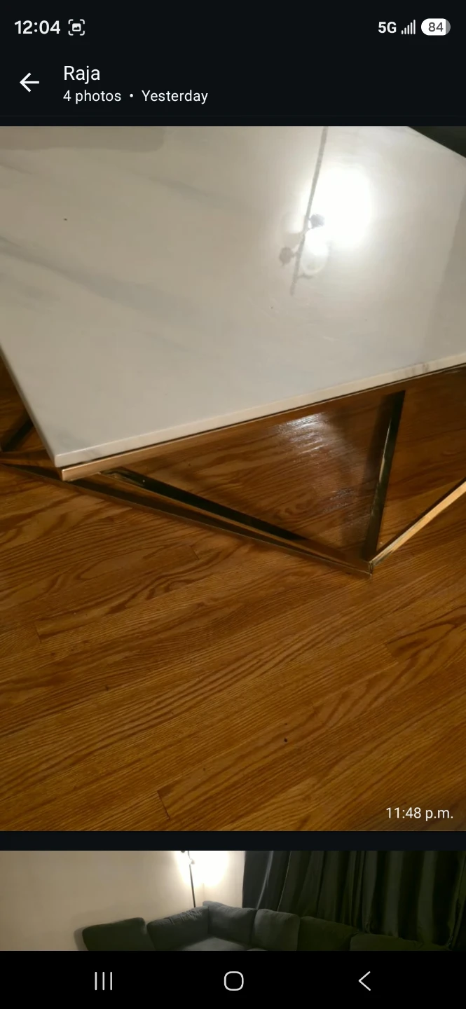 White Marble-Look Coffee Table with Gold Geometric Base