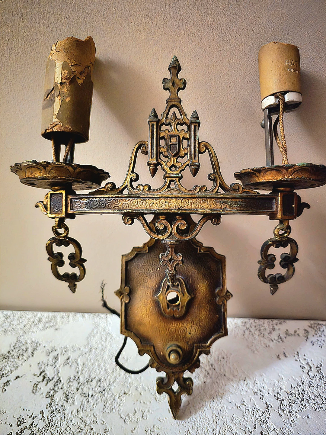 Antique 1920s Tudor Gothic Revival Brass Wall Sconce