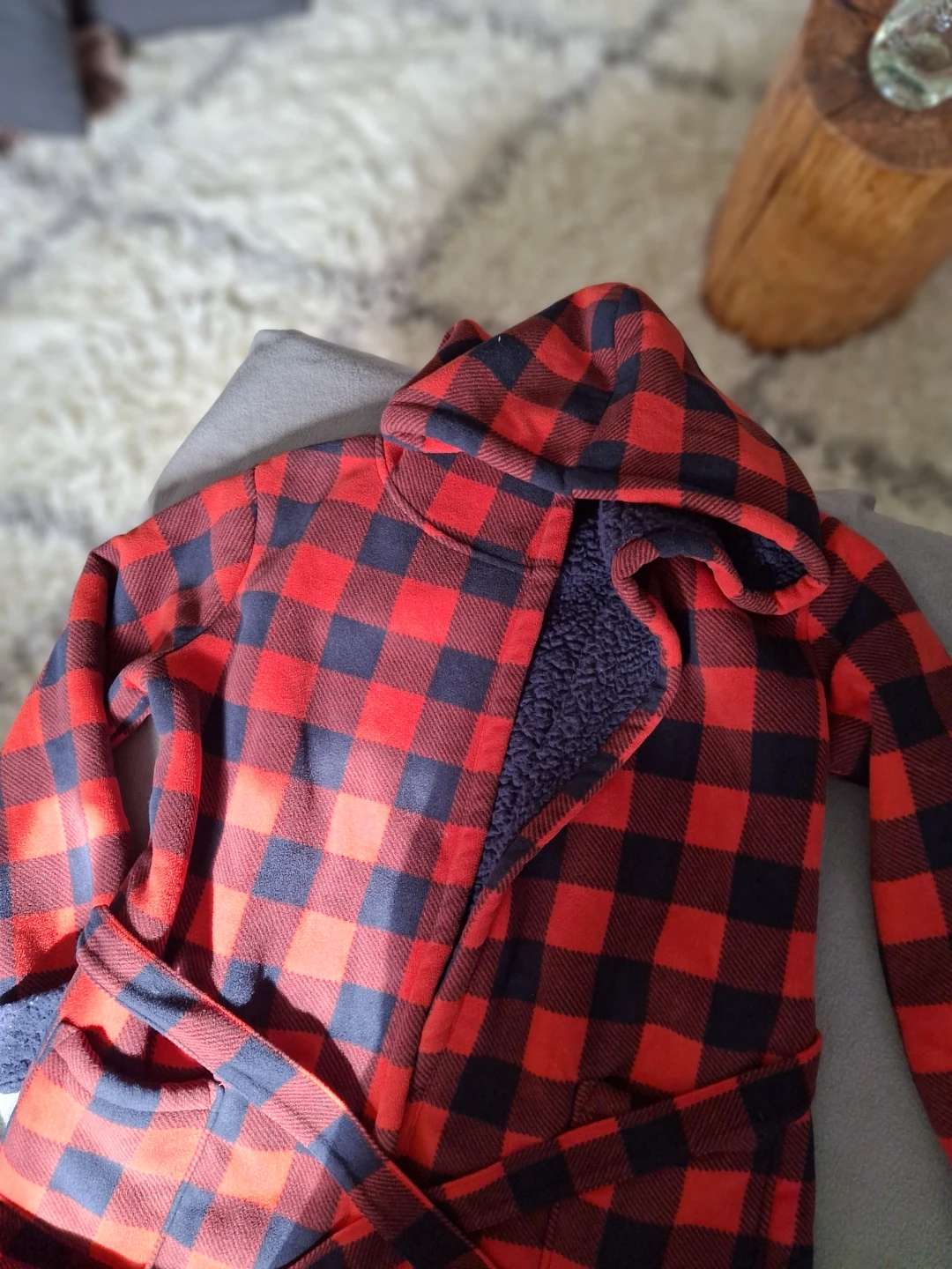 Red and black buffalo check hooded bathrobe