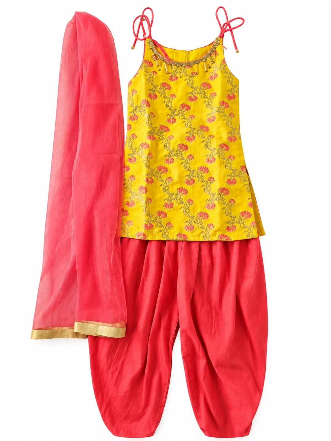 Girls Yellow and Pink Traditional Salwar Suit Set