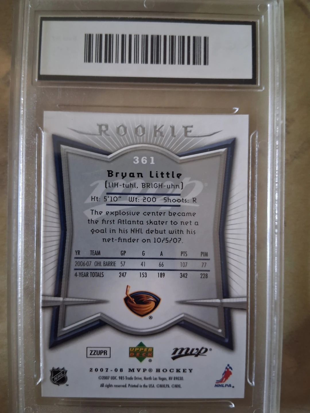 2007 Upper Deck MVP Bryan Little Rookie Card GMA 10 - photo 2