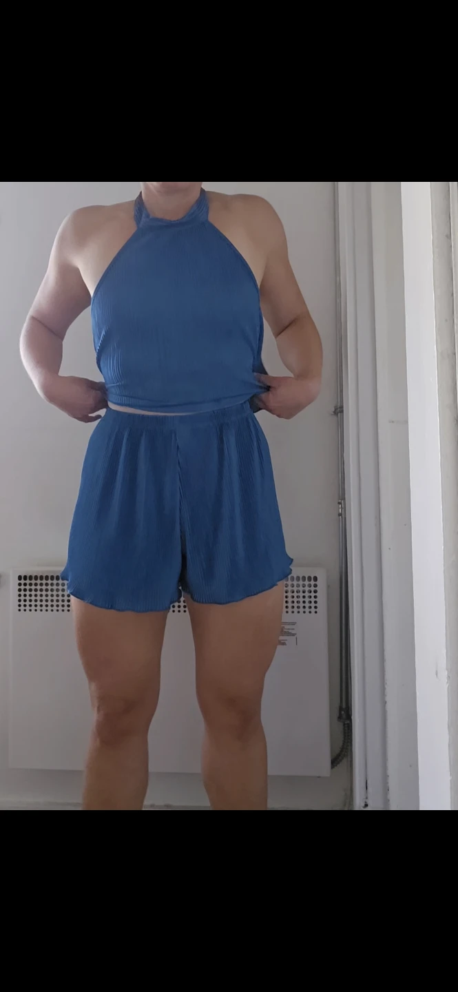 Blue Pleated Halter Top and Shorts Set