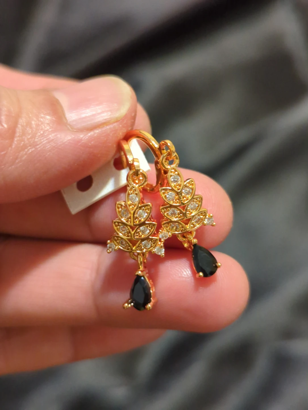 Gold-tone leaf dangle earrings with drop stones - photo 3