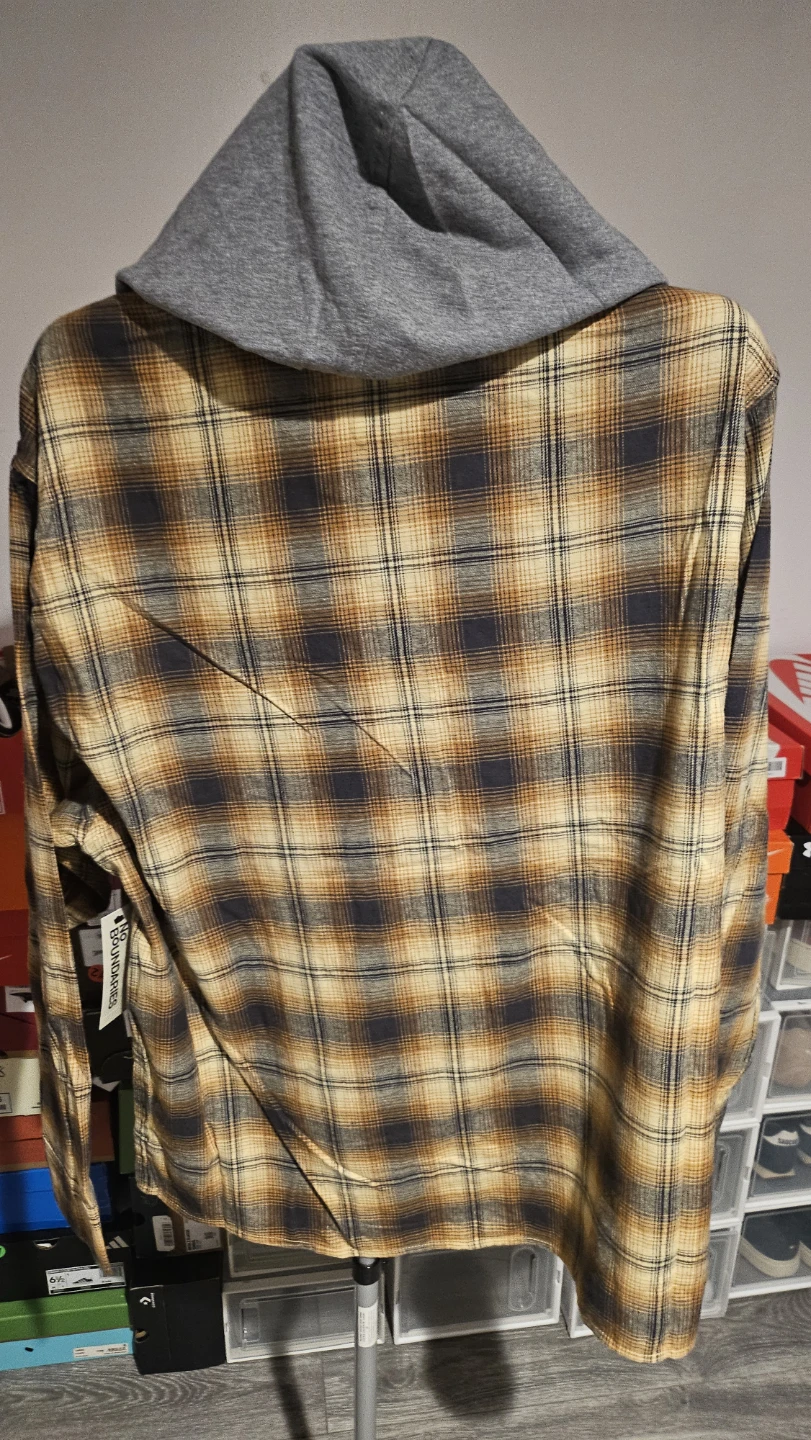 No Boundaries Hooded Flannel Shirt Gold Plaid XL - photo 3
