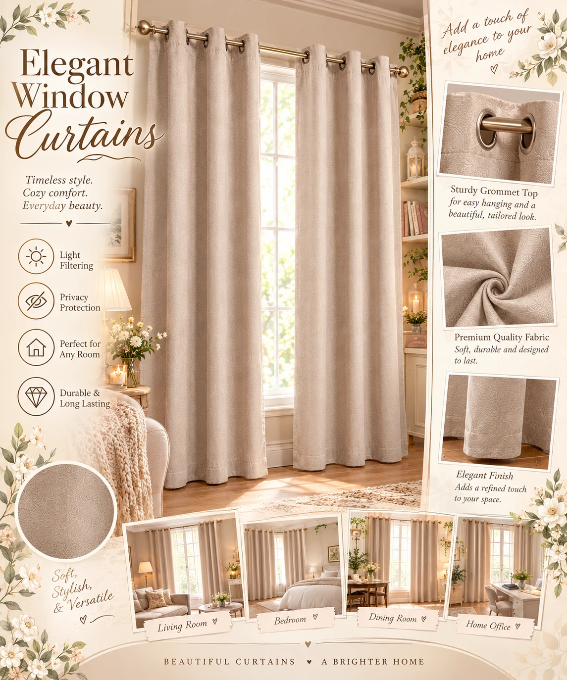 🪟Elegant Grommet Window Curtains 51" long x 42" wide🪟