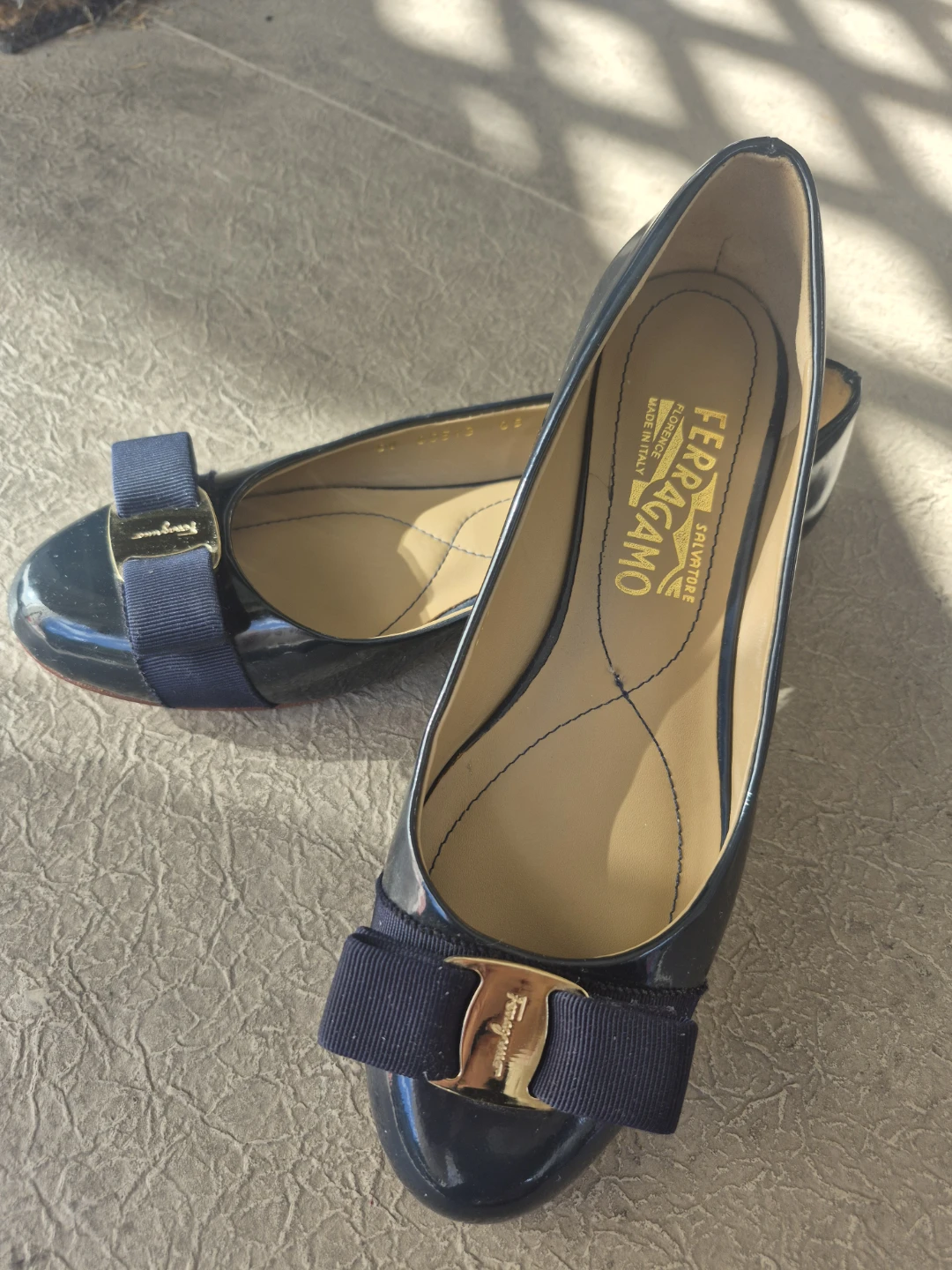 Salvatore Ferragamo Navy Patent Bow Flats