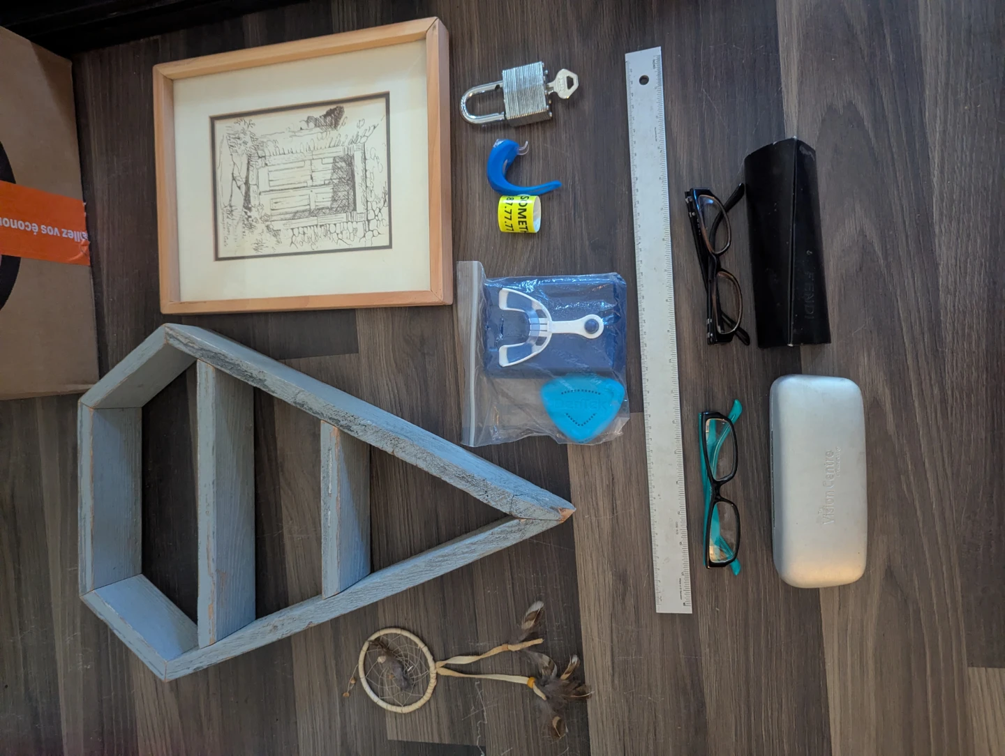 Misc. Moving sale, shelf, picture, glasses, bike stuff, lock..